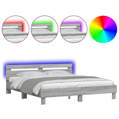 Bed Frame with Headboard and LED Grey Sonoma 180x200 cm Super King Size