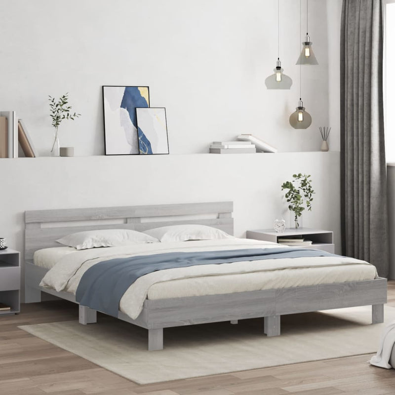 Bed Frame with Headboard and LED Grey Sonoma 180x200 cm Super King Size