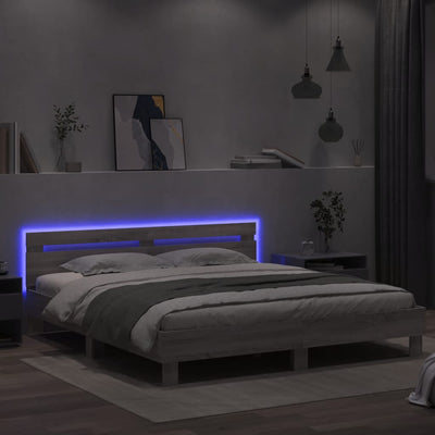 Bed Frame with Headboard and LED Grey Sonoma 180x200 cm Super King Size