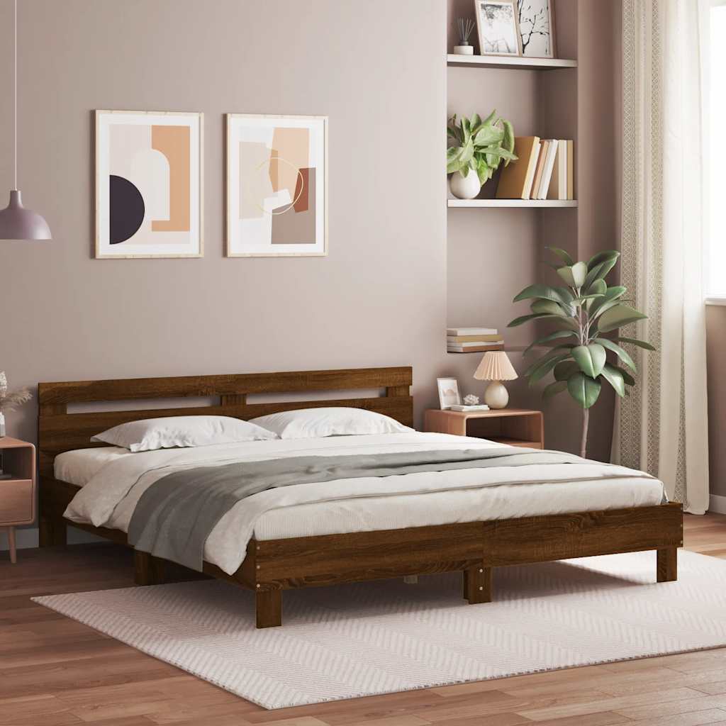Bed Frame with LED without Mattress Brown Oak 160 x 200 cm