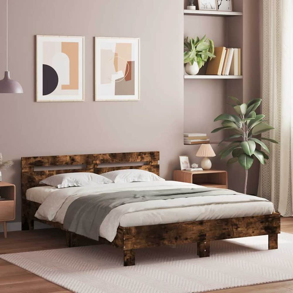 Bed Frame with LED without Mattress Smoked Oak 140 x 200 cm
