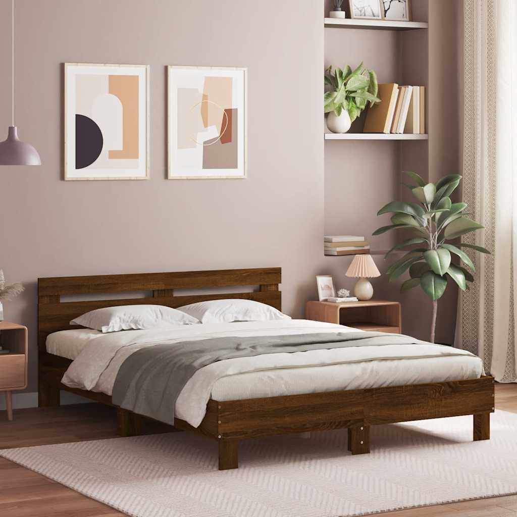 Bed Frame with LED without Mattress Brown Oak 140 x 200 cm