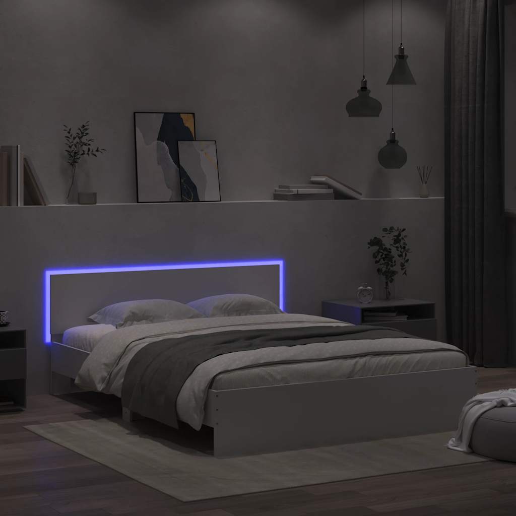 Bed Frame with Headboard and LED 150x200 cm White