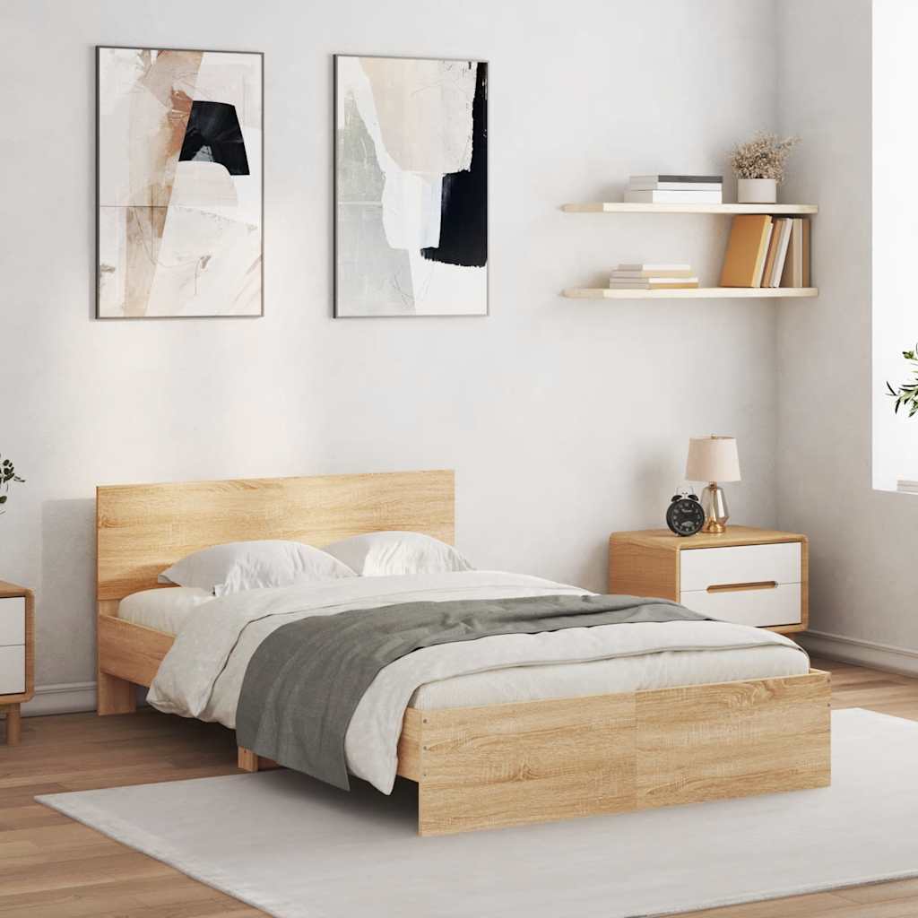 Bed Frame with Headboard and LED 135x190 cm Sonoma oak