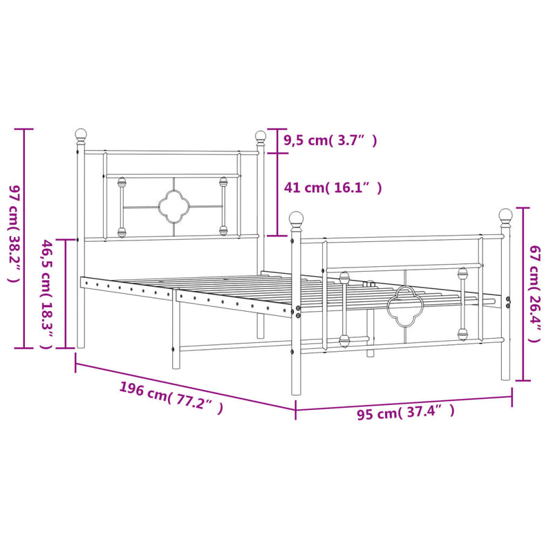 Metal Bed Frame with Headboard and Footboard Black 90x190 cm Single