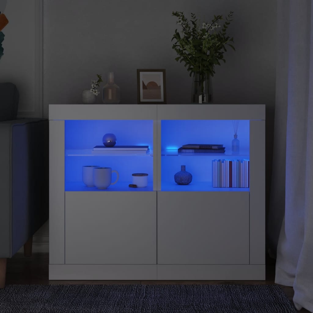 Side Cabinet with LED Lights Engineered Wood in White