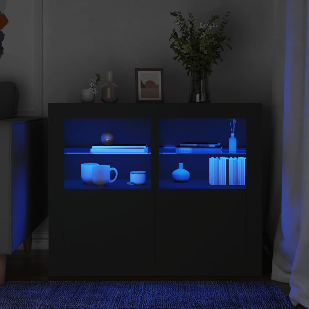 Side Cabinet with LED Lights Engineered Wood in Black