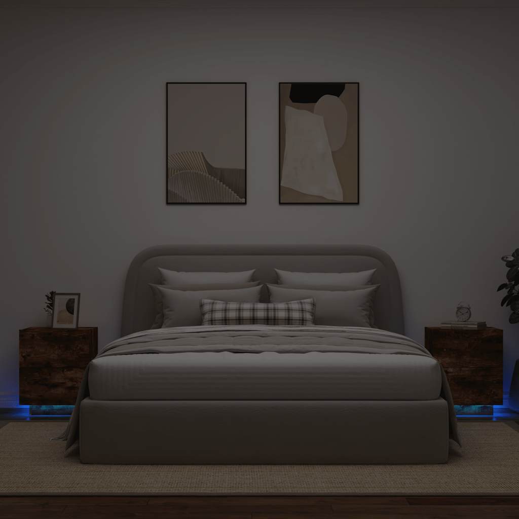 vidaXL Bedside Cabinets with LED Lights 2 pcs Smoked Oak Engineered Wood 1