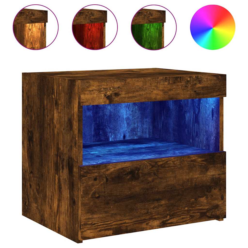 vidaXL Bedside Cabinet with LED Lights Smoked Oak 50x40x45 cm 2
