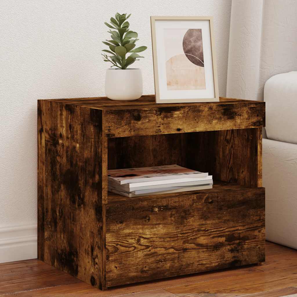 vidaXL Bedside Cabinet with LED Lights Smoked Oak 50x40x45 cm 1