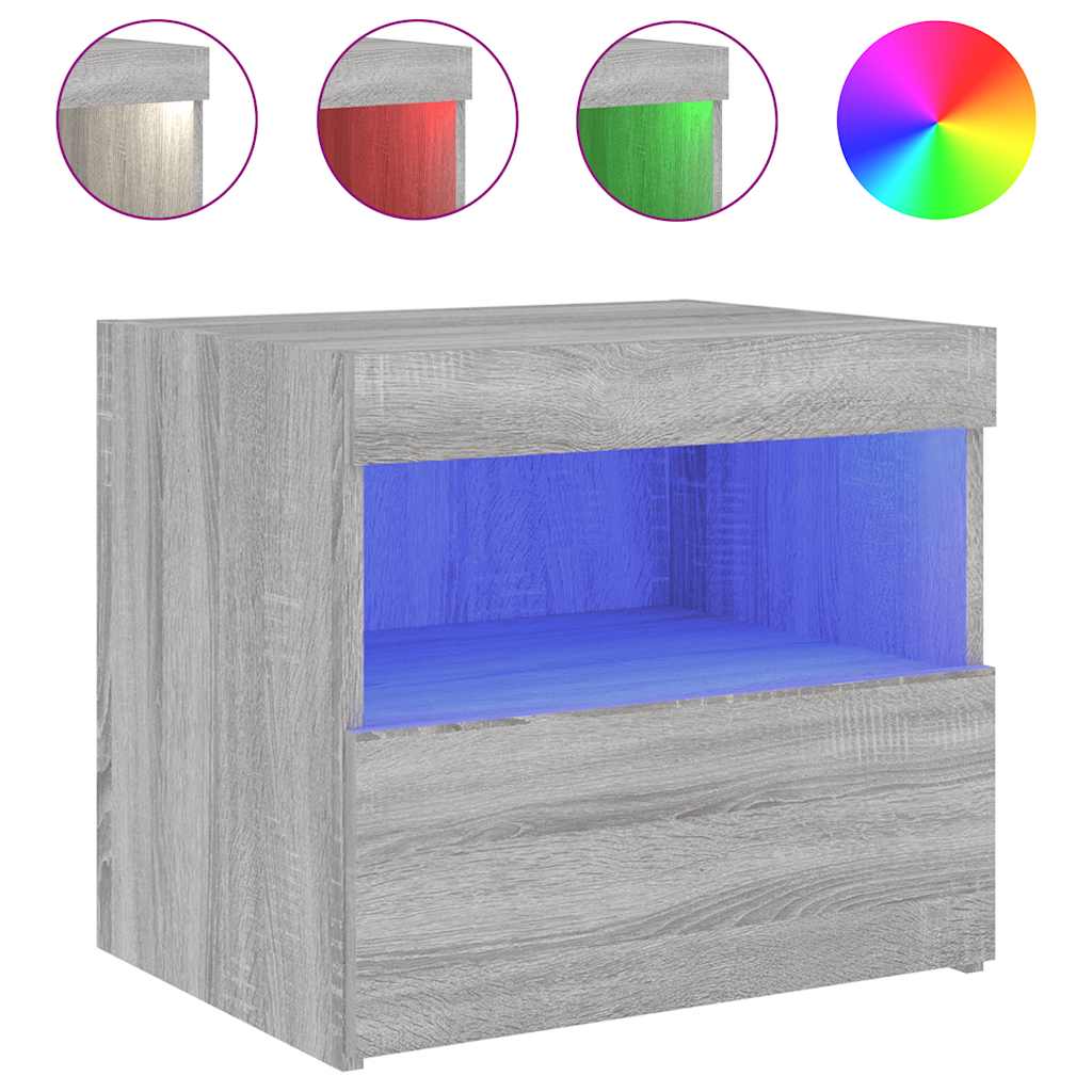 vidaXL Bedside Cabinet with LED Lights Grey Sonoma 50x40x45 cm 2
