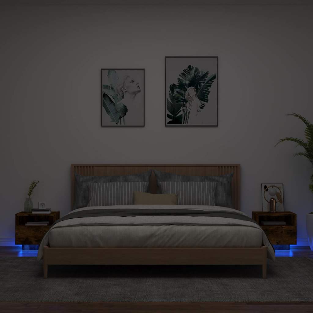 vidaXL Bedside Cabinets with LED Lights 2 pcs Smoked Oak 40x39x37 cm 1