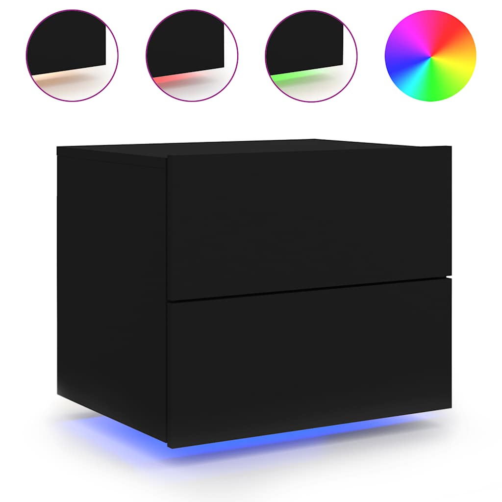 vidaXL Wall-mounted Bedside Cabinet with LED Lights Black 2