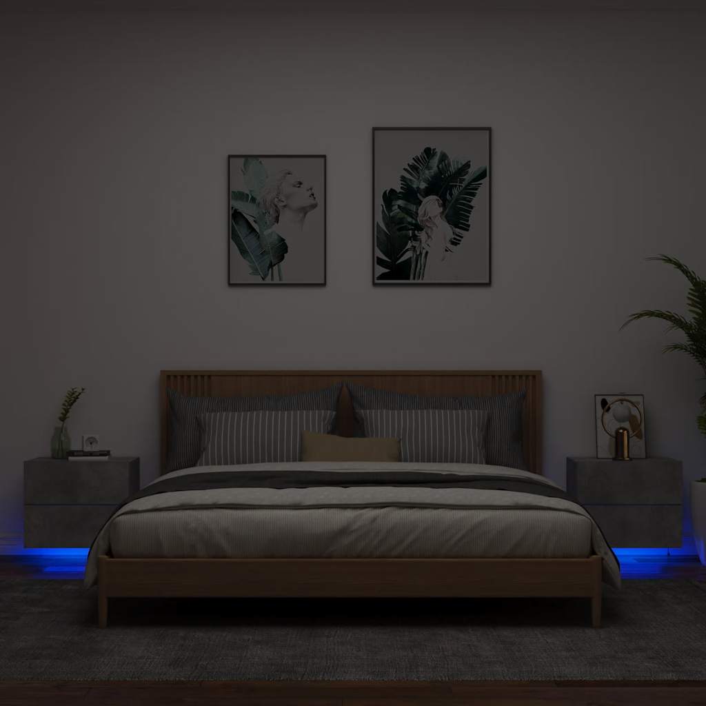 vidaXL Wall-mounted Bedside Cabinets with LED Lights 2 pcs Concrete Grey 1