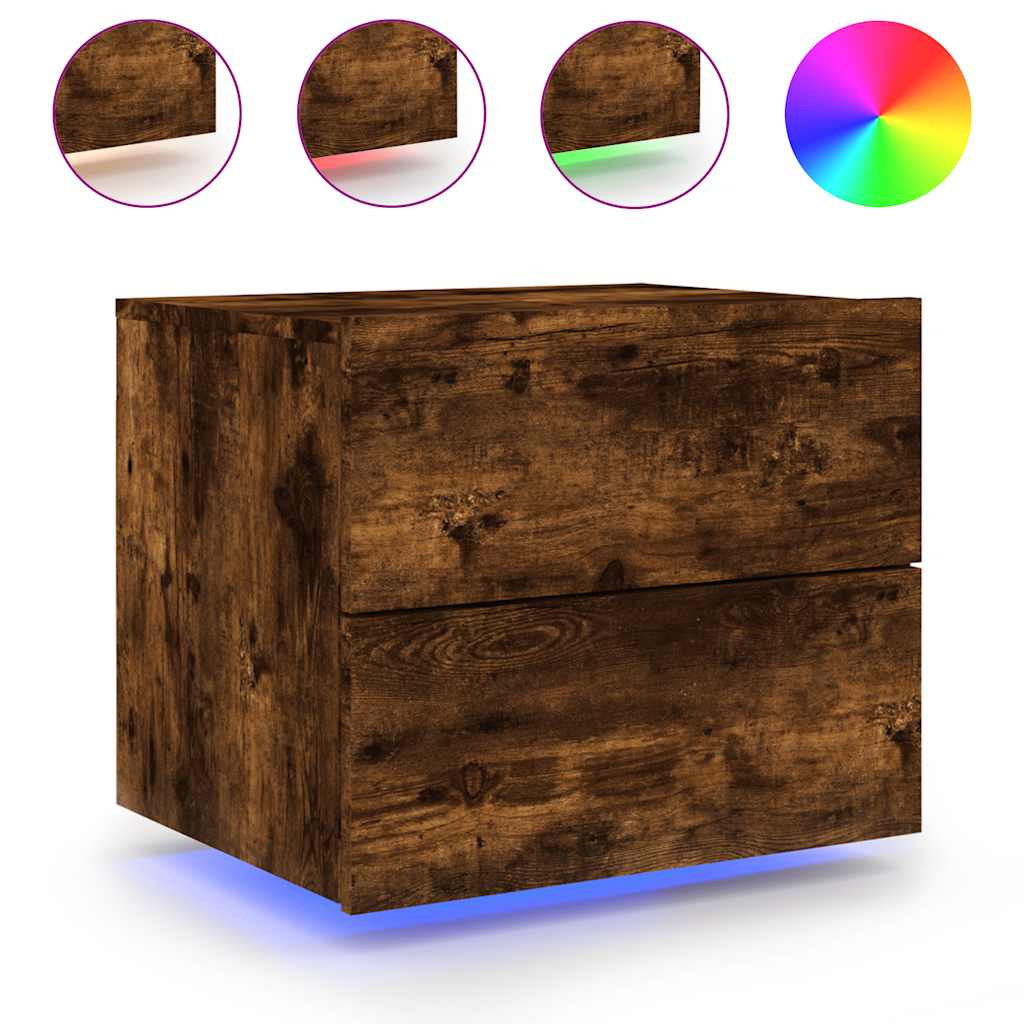 vidaXL Wall-mounted Bedside Cabinet with LED Lights Smoked Oak 2