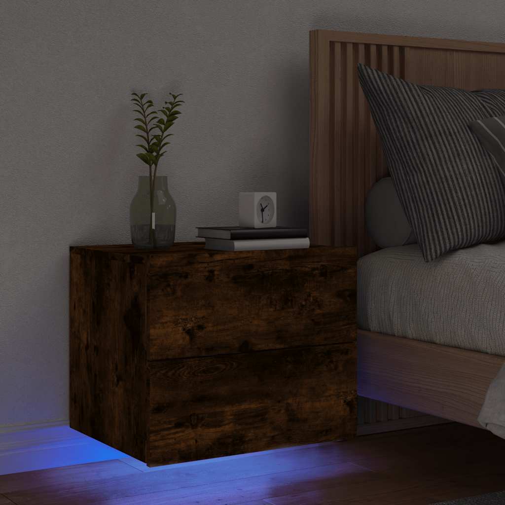 vidaXL Wall-mounted Bedside Cabinet with LED Lights Smoked Oak 1