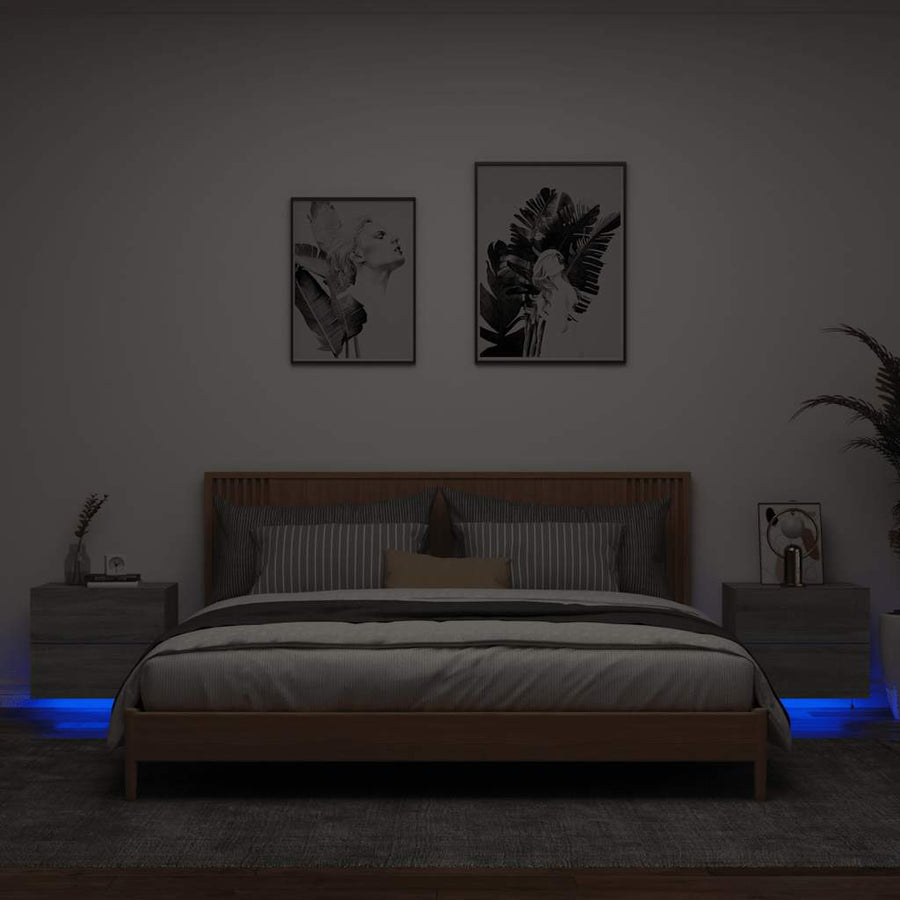 vidaXL Wall-mounted Bedside Cabinets with LED Lights 2 pcs Grey Sonoma 1