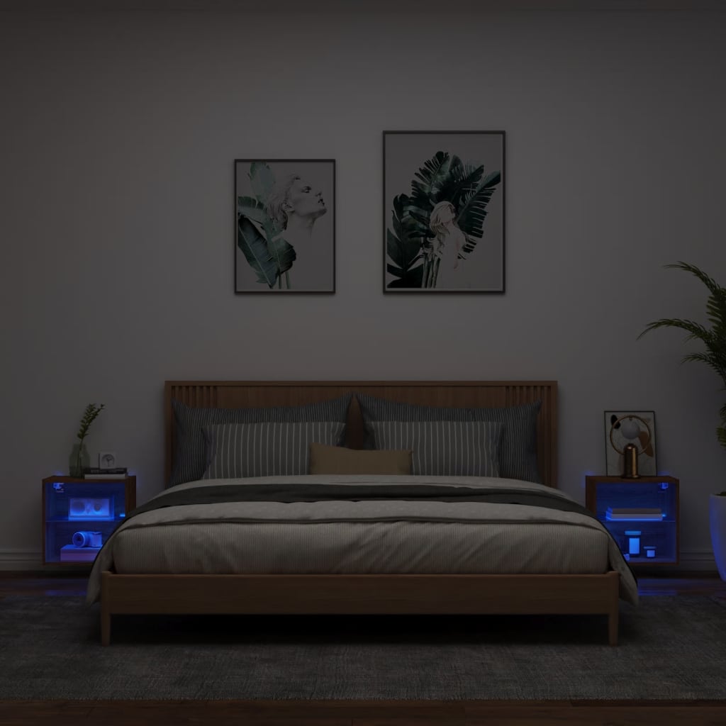vidaXL Bedside Cabinets with LED Lights Wall-mounted 2 pcs Brown Oak 3