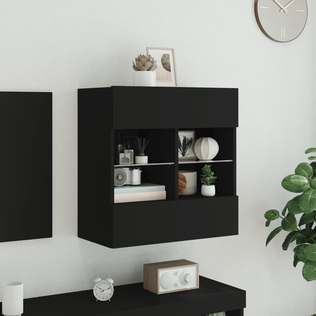 vidaXL TV Wall Cabinet with LED Lights Black 58,5x30x60,5 cm 4