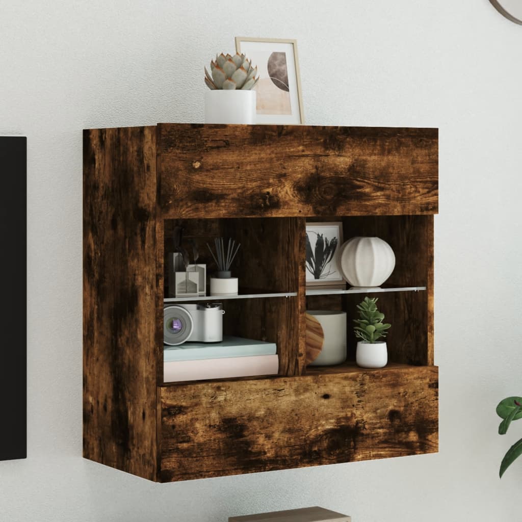 vidaXL TV Wall Cabinet with LED Lights Smoked Oak 58,5x30x60,5 cm 1