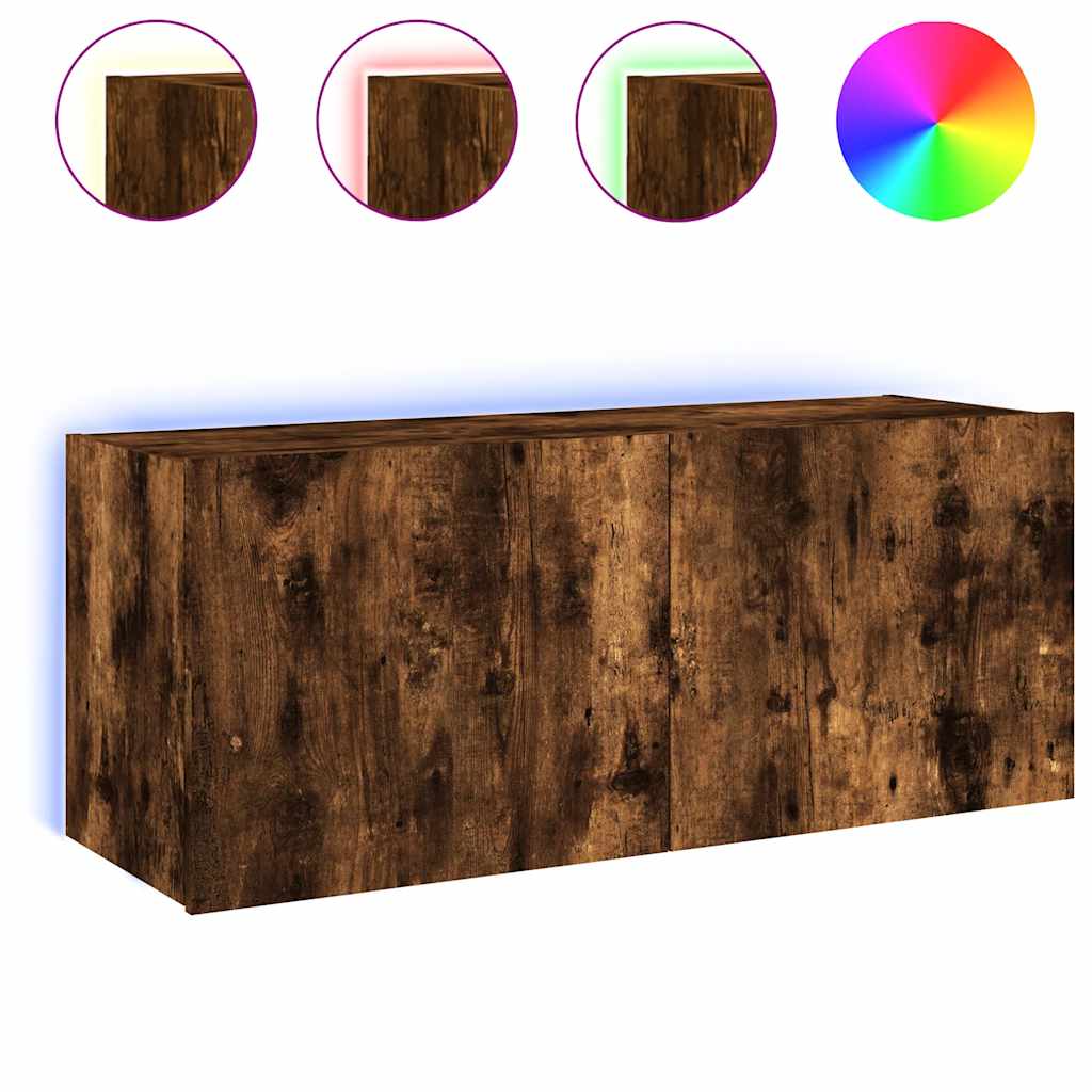 vidaXL TV Wall Cabinet with LED Lights Smoked Oak 100x35x41 cm 2