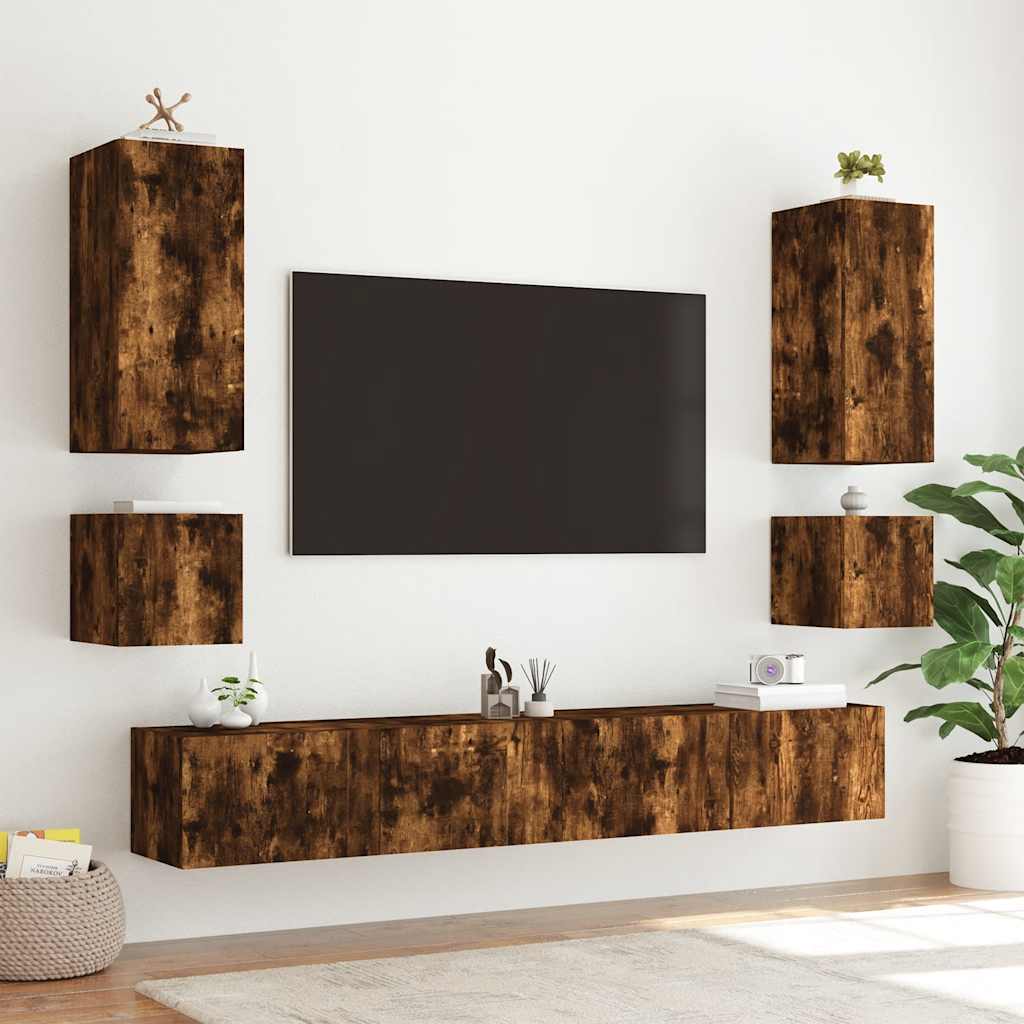 vidaXL TV Wall Cabinet with LED Lights Smoked Oak 100x35x41 cm 6