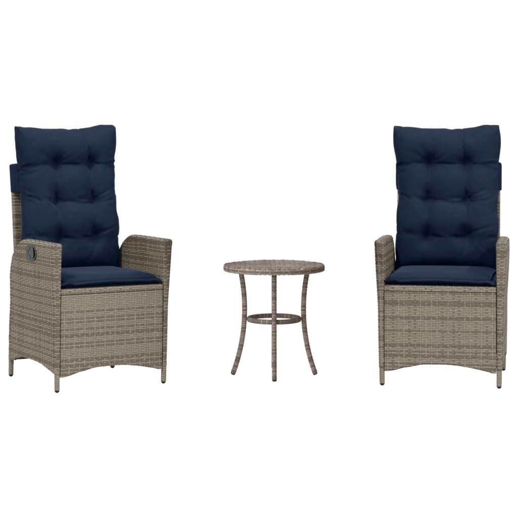 vidaXL 3 Piece Bistro Set with Cushions Grey Poly Rattan 2
