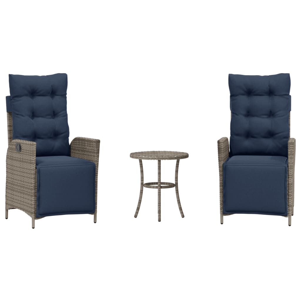 vidaXL 3 Piece Bistro Set with Cushions Grey Poly Rattan 2
