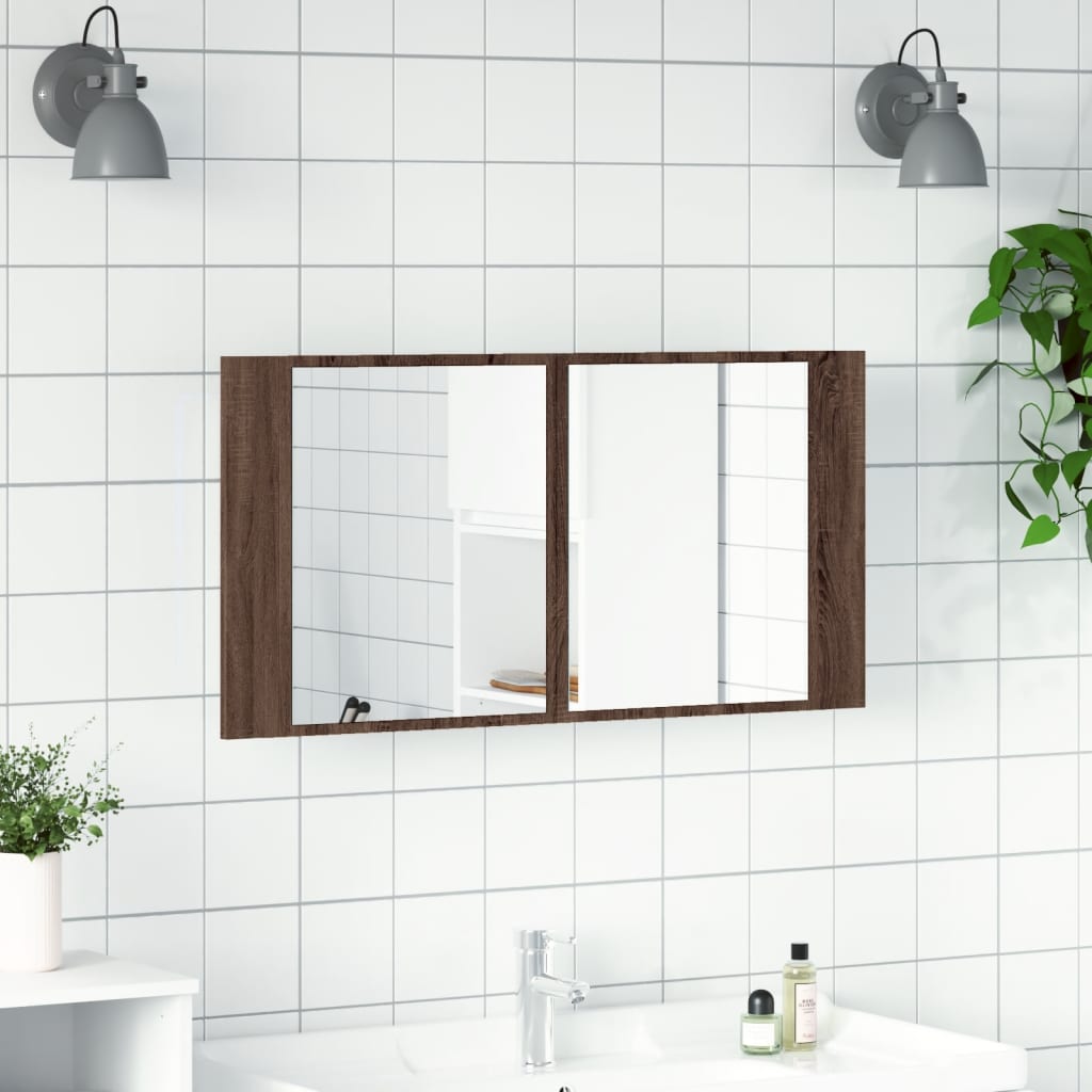 vidaXL LED Bathroom Mirror Cabinet Brown Oak 90x12x45 cm Acrylic 3