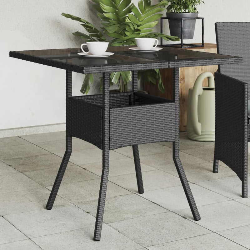 Garden Table with Glass Top Black 80x80x75 cm Poly Rattan