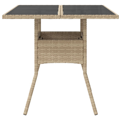 Garden Table with Glass Top Beige 80x80x75 cm Poly Rattan