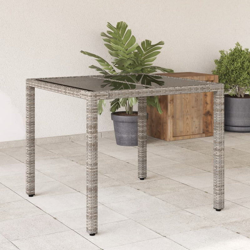 Garden Table with Glass Top Grey 90x90x75 cm Poly Rattan