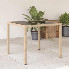 vidaXL Garden Table with Glass Top Beige 90x90x75 cm Poly Rattan 1