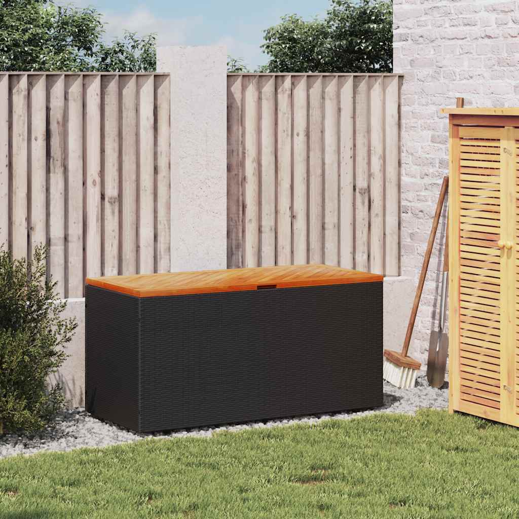 Garden Storage Box Poly Rattan Acacia Wood Black 110 x 50 x 54 cm