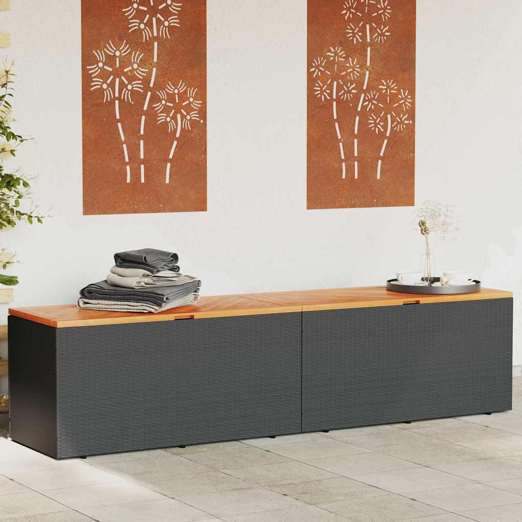 Garden Storage Box Poly Rattan Acacia Wood Black 220 x 50 x 54 cm