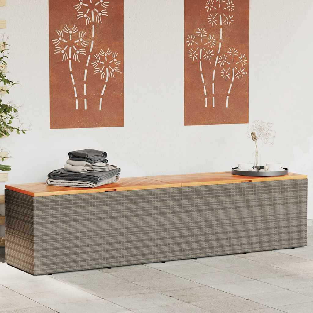 Garden Storage Box Poly Rattan Acacia Wood Grey 220 x 50 x 54 cm