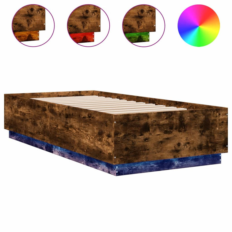 Bed Frame with LED Lights Smoked Oak 90x200 cm Engineered Wood