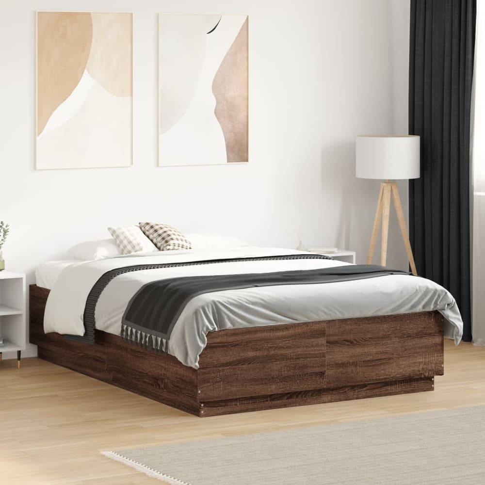 Bed Frame with LED without Mattress 135x190 cm Brown oak