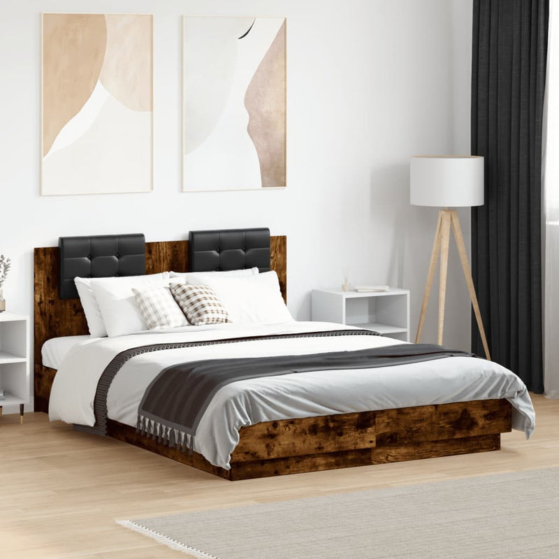 Bed Frame with Headboard Smoked Oak 135x190 cm Double Engineered Wood