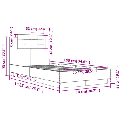 Bed Frame with Headboard Concrete Grey 75x190 cm Small Single Engineered Wood