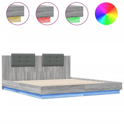 Bed Frame with Headboard and LED Lights Grey Sonoma 200x200 cm