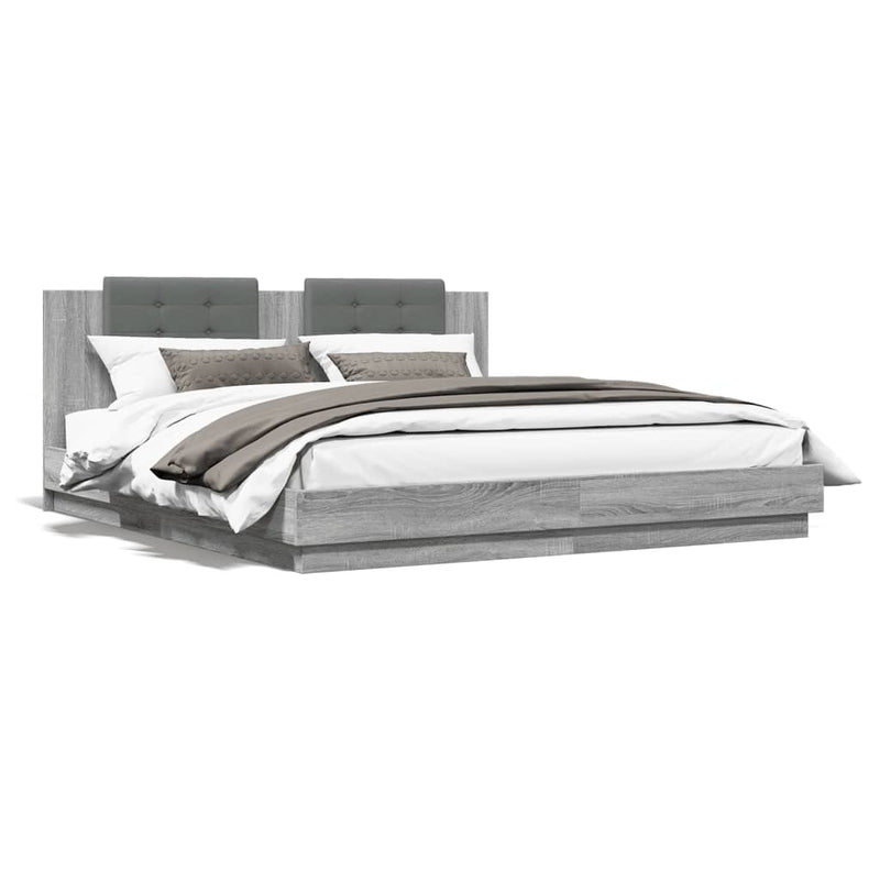 Bed Frame with Headboard and LED Lights Grey Sonoma 200x200 cm