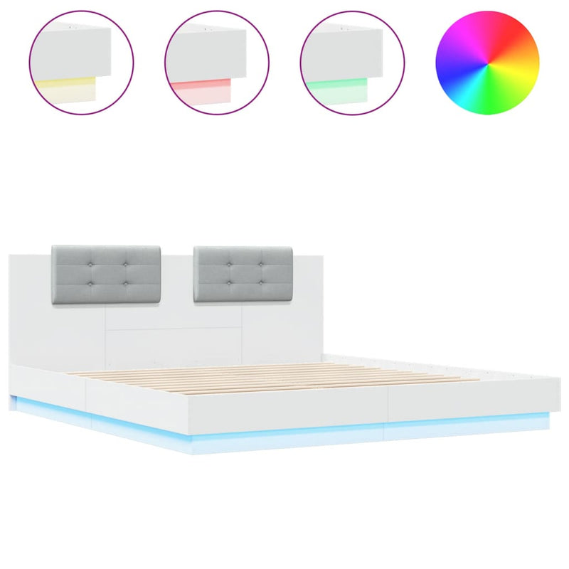 Bed Frame with Headboard and LED Lights White 180x200 cm Super King