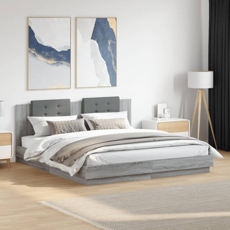 Bed Frame with Headboard and LED Lights Grey Sonoma 160x200 cm