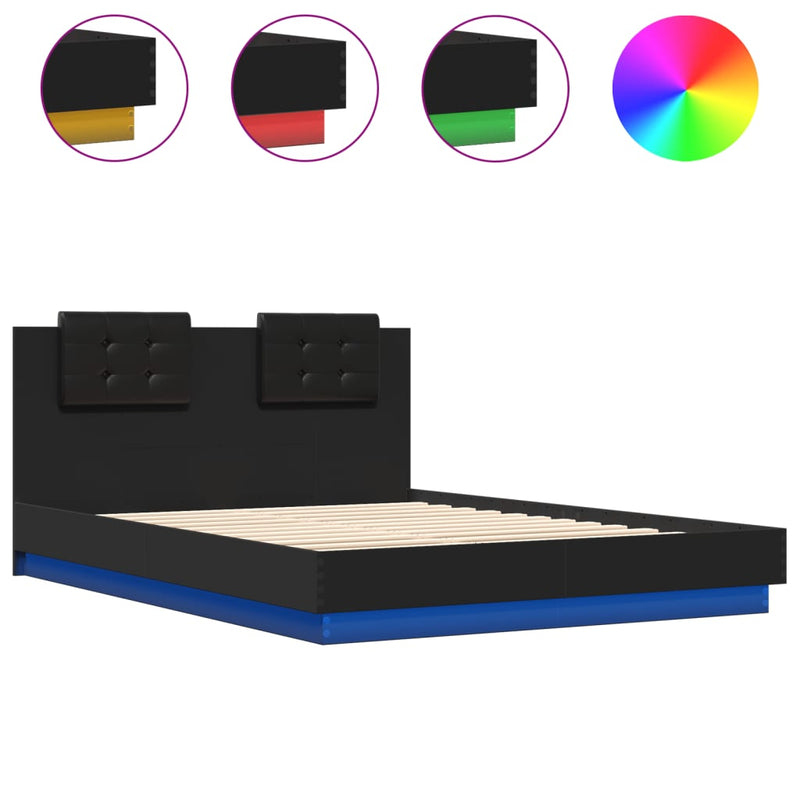 Bed Frame with Headboard and LED Lights Black 140x200 cm