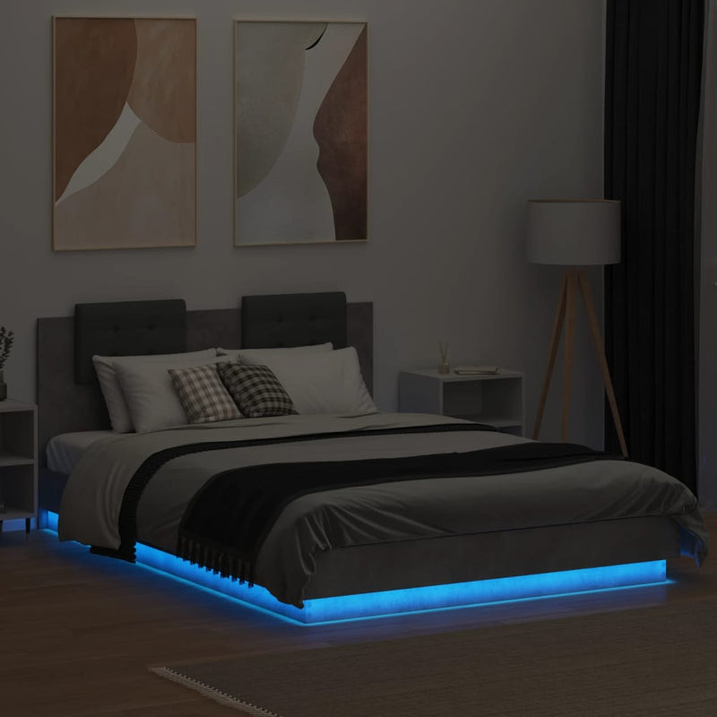 Bed Frame with Headboard and LED Lights Concrete Grey 140x200 cm