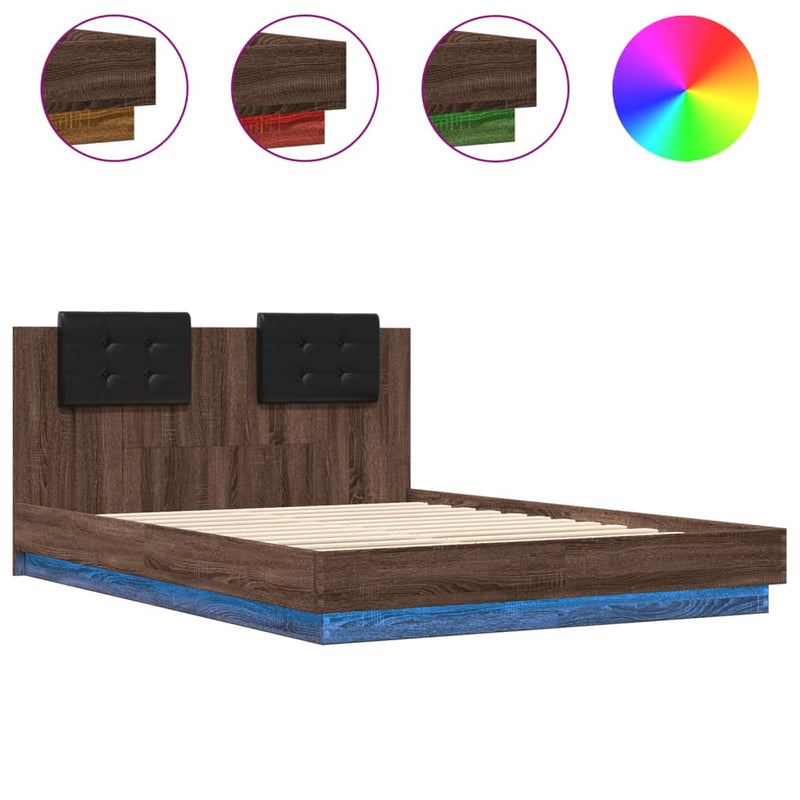 Bed Frame with Headboard and LED Lights Brown Oak 120x200 cm