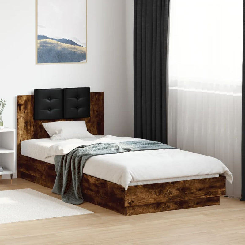 Bed Frame with Headboard and LED Lights Smoked Oak 100x200 cm