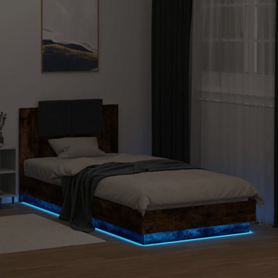 Bed Frame with Headboard and LED Lights Smoked Oak 100x200 cm