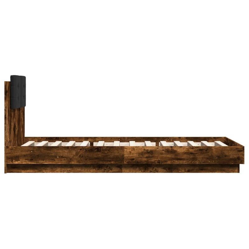 Bed Frame with Headboard and LED Lights Smoked Oak 100x200 cm